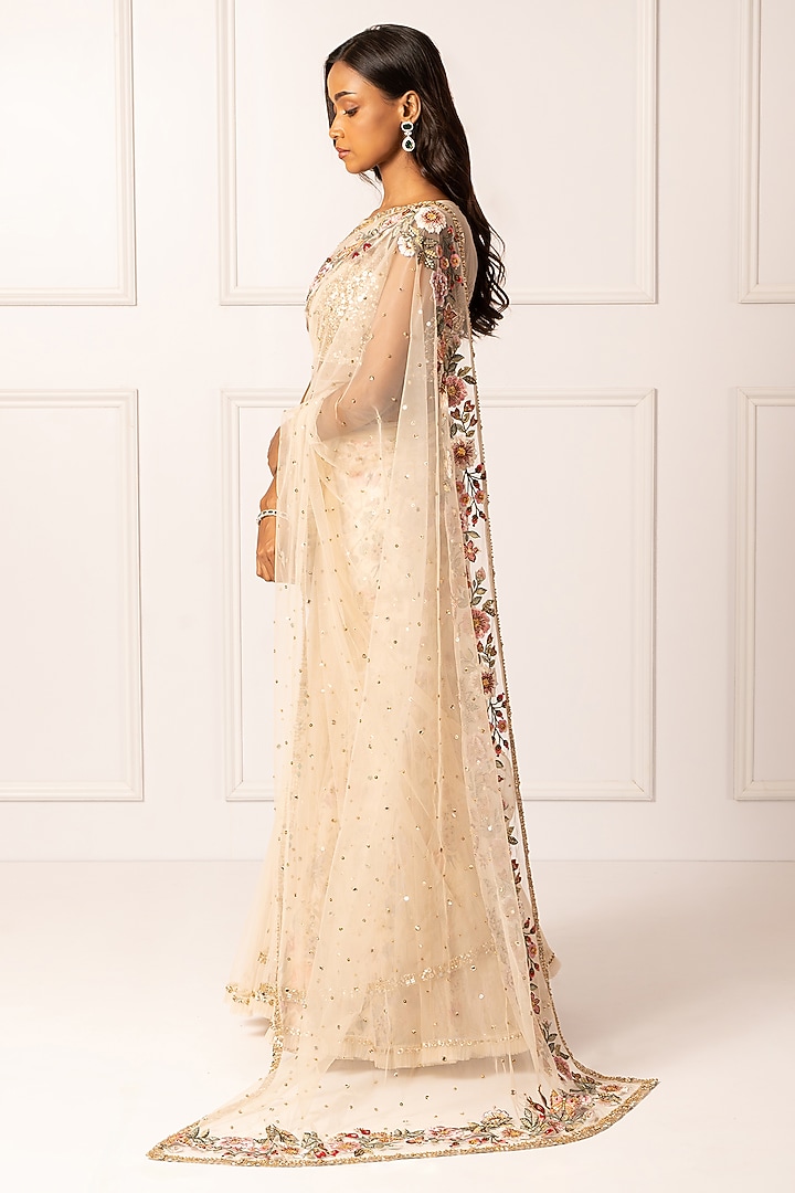 Golden Cotton Silk & Net Embroidered Draped Wedding Saree Set by Isha Regalia at Pernia's Pop Up Shop
