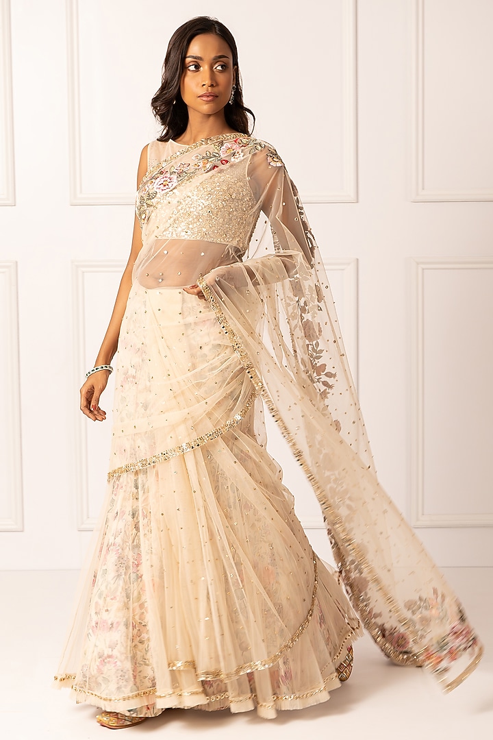 Golden Cotton Silk & Net Embroidered Draped Wedding Saree Set by Isha Regalia at Pernia's Pop Up Shop