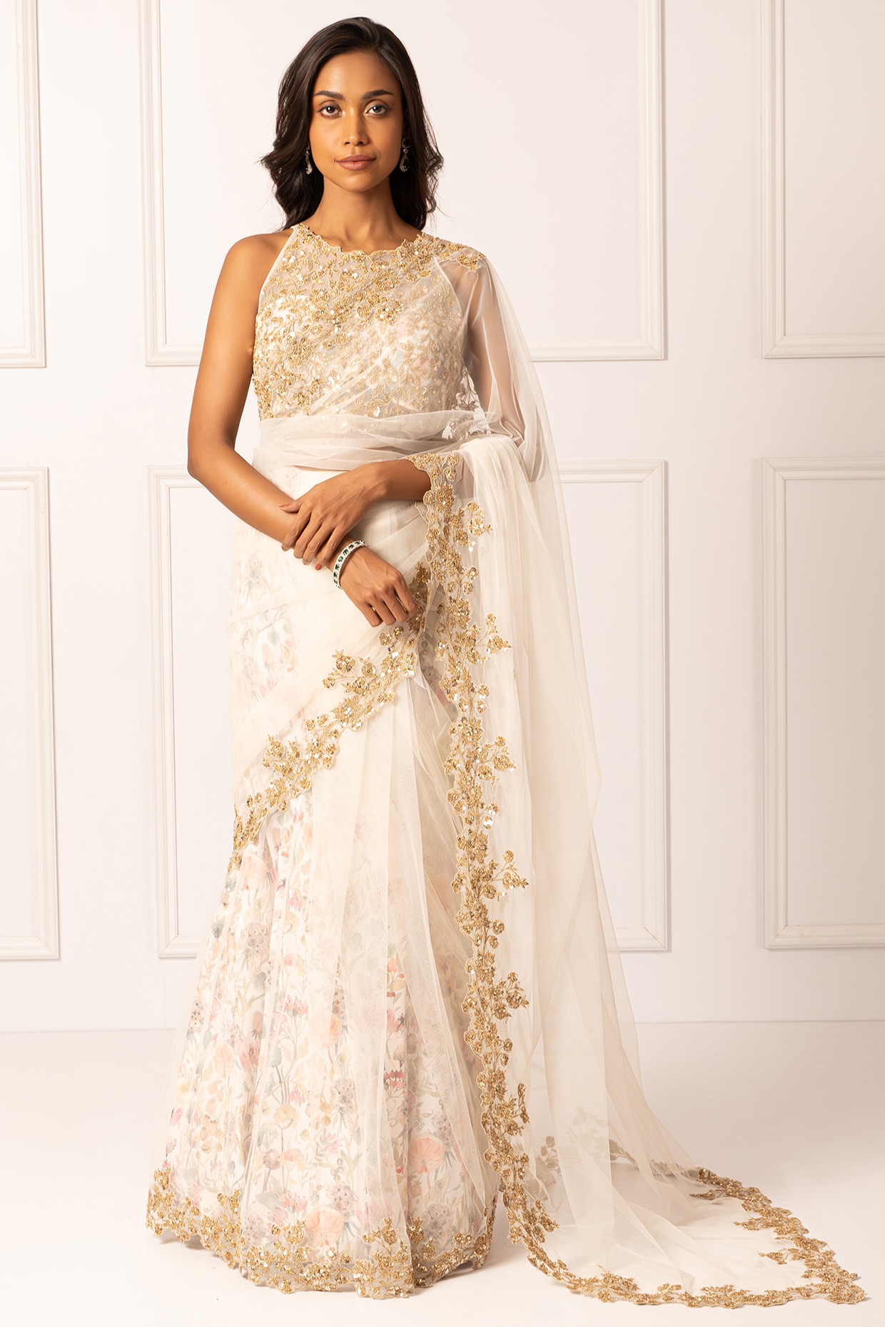 Isha Regalia White Cotton Silk & Net Pearl Embroidered Saree Set