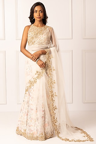 White Cotton Silk & Net Pearl Embroidered Saree Set by Isha Regalia