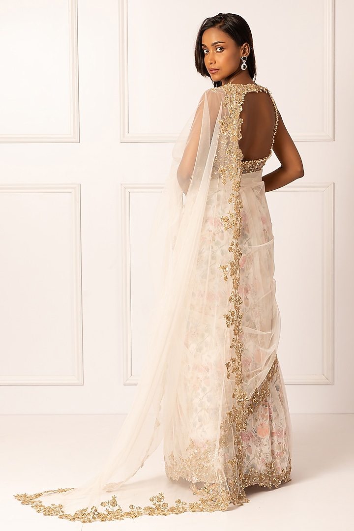 White Cotton Silk & Net Pearl Embroidered Wedding Saree Set by Isha Regalia at Pernia's Pop Up Shop
