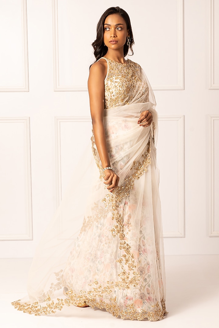 White Cotton Silk & Net Pearl Embroidered Wedding Saree Set by Isha Regalia at Pernia's Pop Up Shop