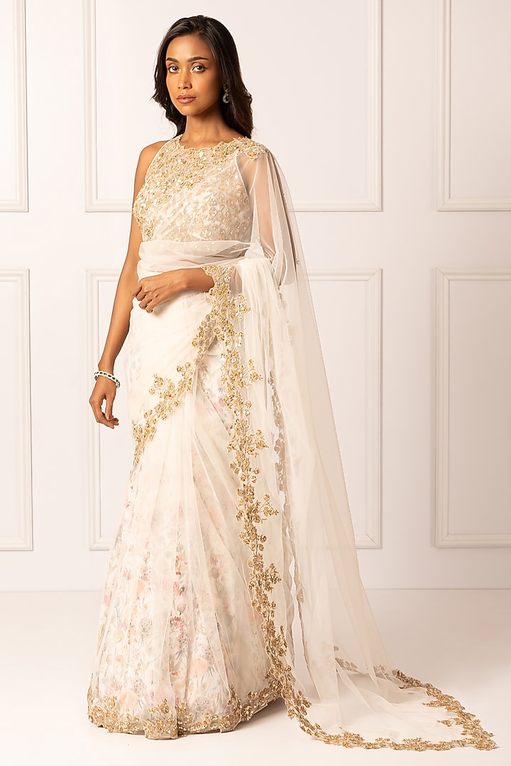White Cotton Silk & Net Pearl Embroidered Wedding Saree Set by Isha Regalia at Pernia's Pop Up Shop