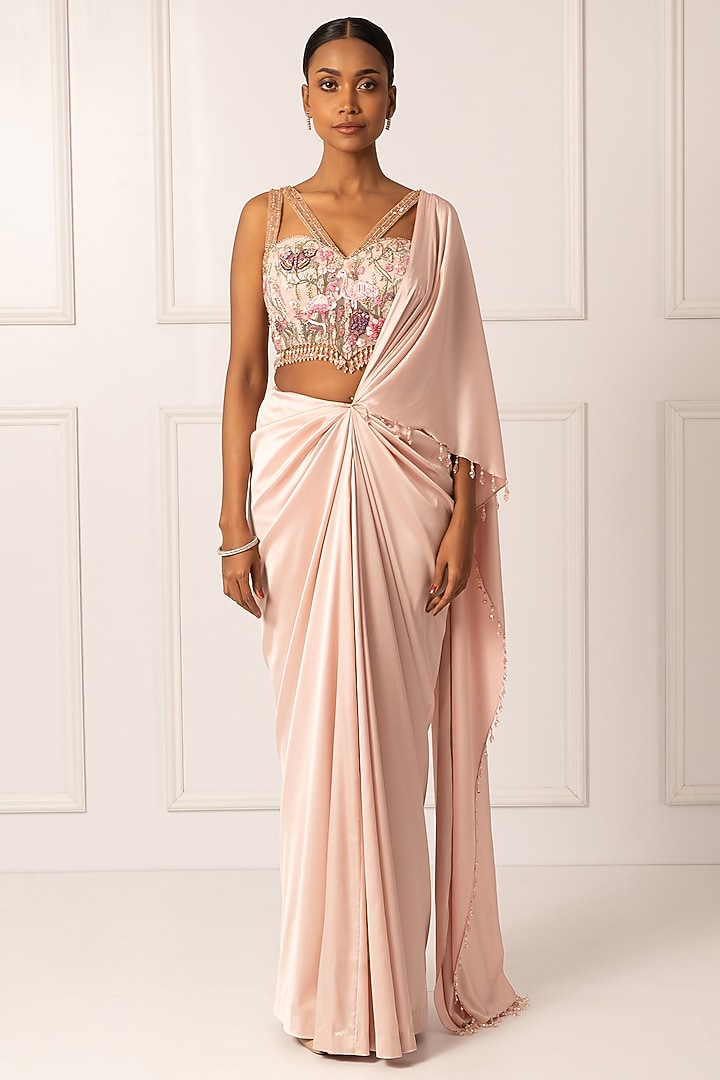 Pink Satin & Net Draped Wedding Saree Set by Isha Regalia at Pernia's Pop Up Shop