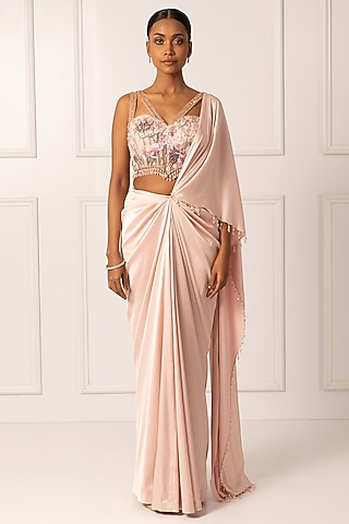 Pink Satin & Net Draped Saree Set by Isha Regalia