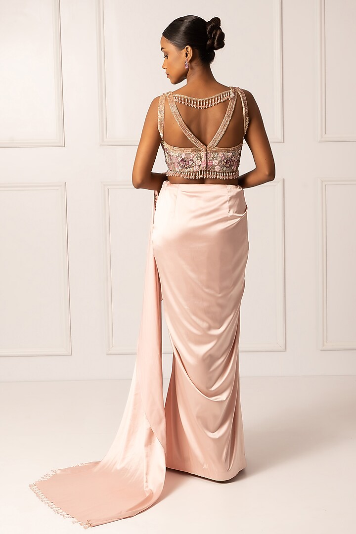 Pink Satin & Net Draped Wedding Saree Set by Isha Regalia at Pernia's Pop Up Shop
