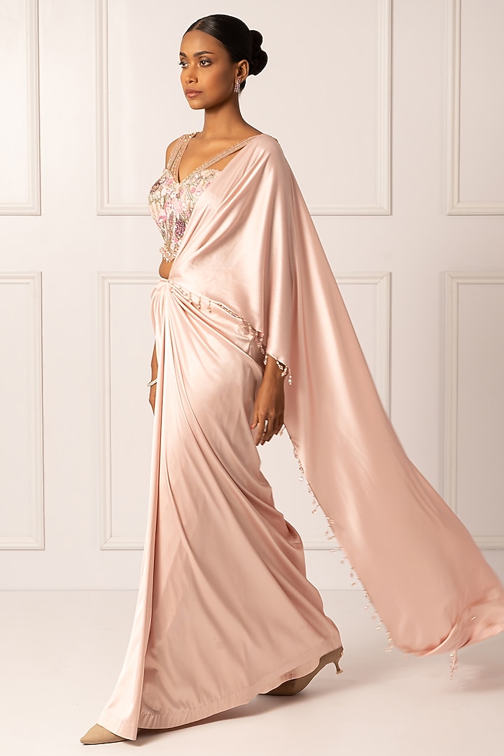 Pink Satin & Net Draped Wedding Saree Set by Isha Regalia at Pernia's Pop Up Shop