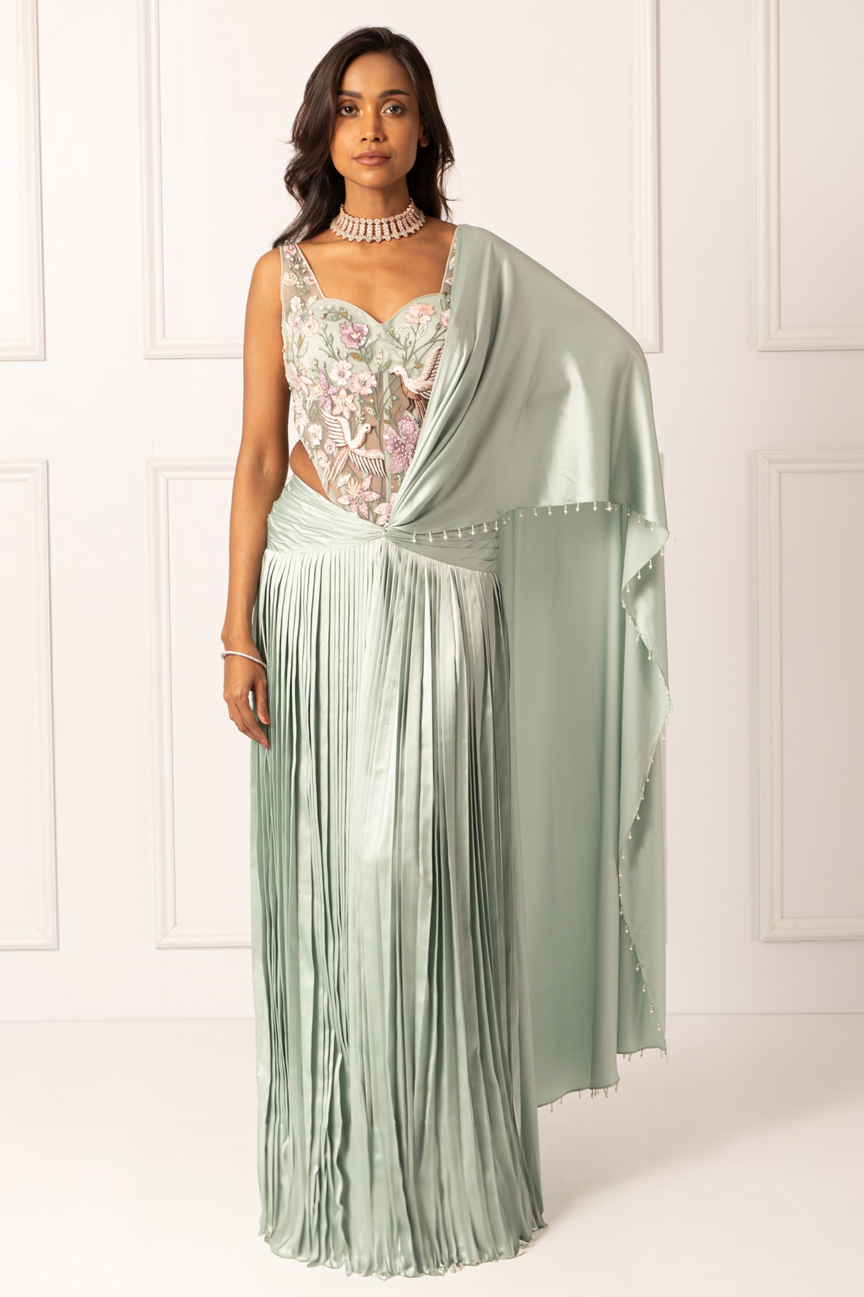 Isha Regalia Sage Green Satin & Net Draped Saree Set