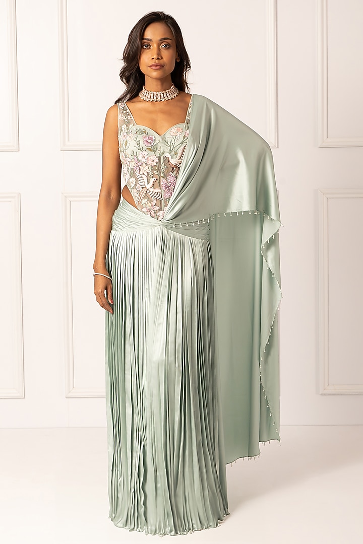 Sage Green Satin & Net Draped Wedding Saree Set by Isha Regalia at Pernia's Pop Up Shop