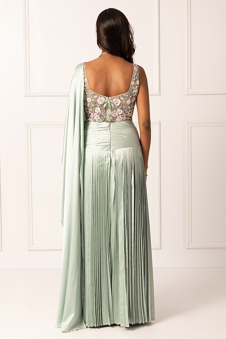Sage Green Satin & Net Draped Wedding Saree Set by Isha Regalia at Pernia's Pop Up Shop