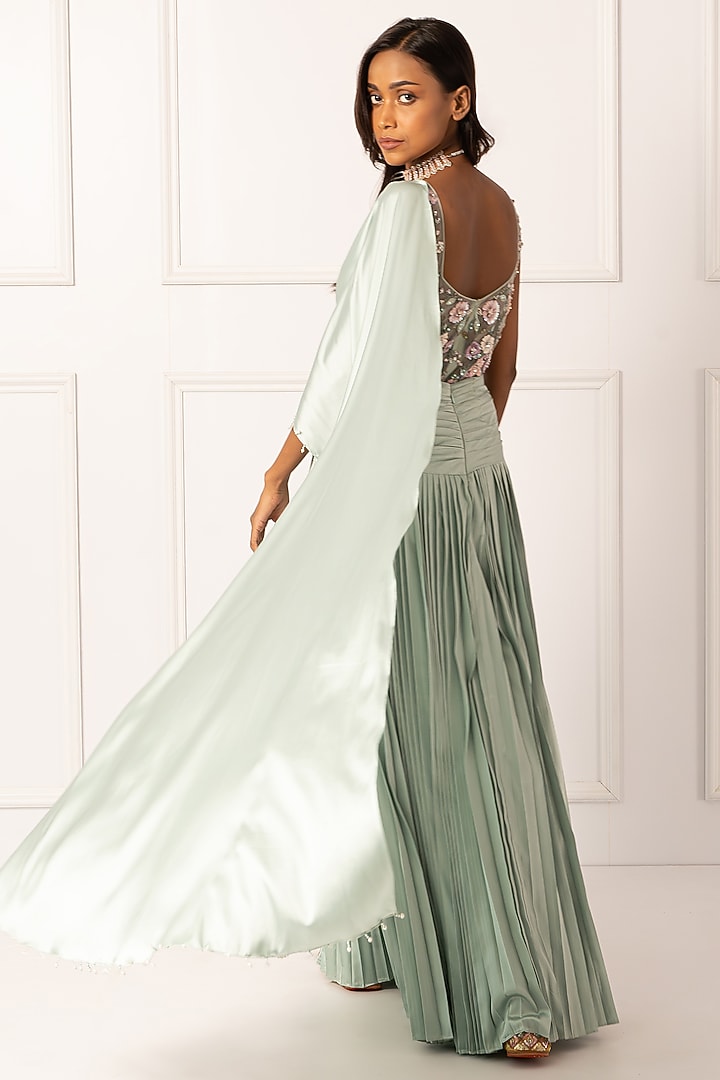 Sage Green Satin & Net Draped Wedding Saree Set by Isha Regalia at Pernia's Pop Up Shop