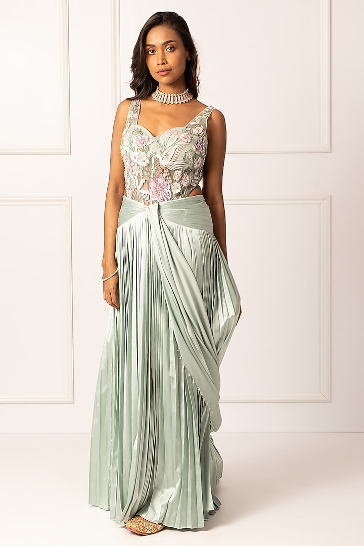 Sage Green Satin & Net Draped Wedding Saree Set by Isha Regalia at Pernia's Pop Up Shop