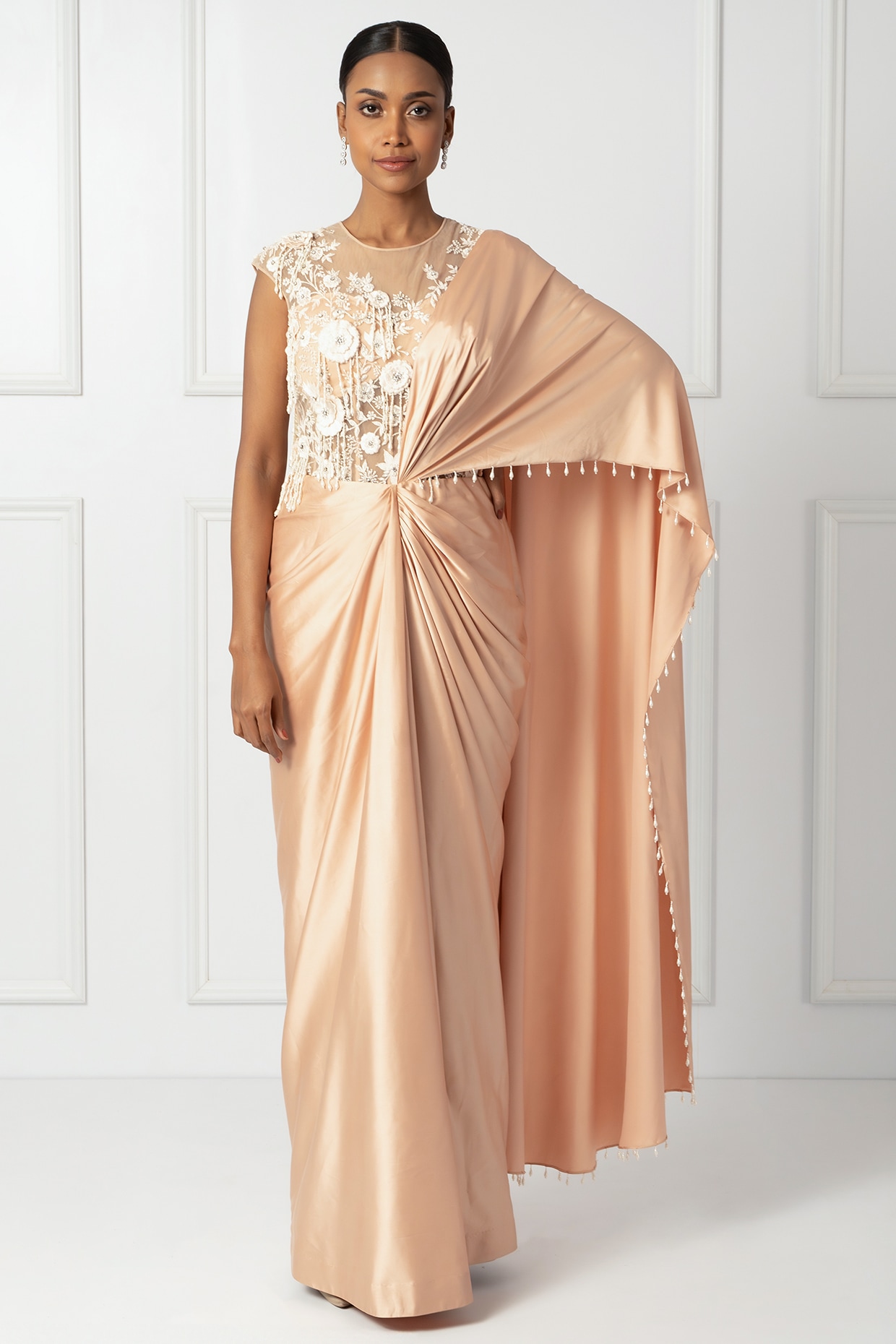 Isha Regalia Peach Satin & Net Draped Saree Set