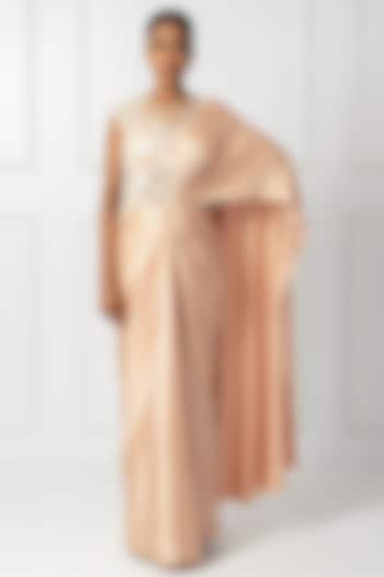 Peach Satin & Net Draped Wedding Saree Set by Isha Regalia at Pernia's Pop Up Shop