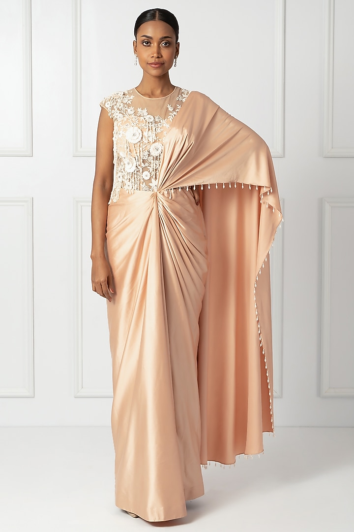 Peach Satin & Net Draped Wedding Saree Set by Isha Regalia at Pernia's Pop Up Shop