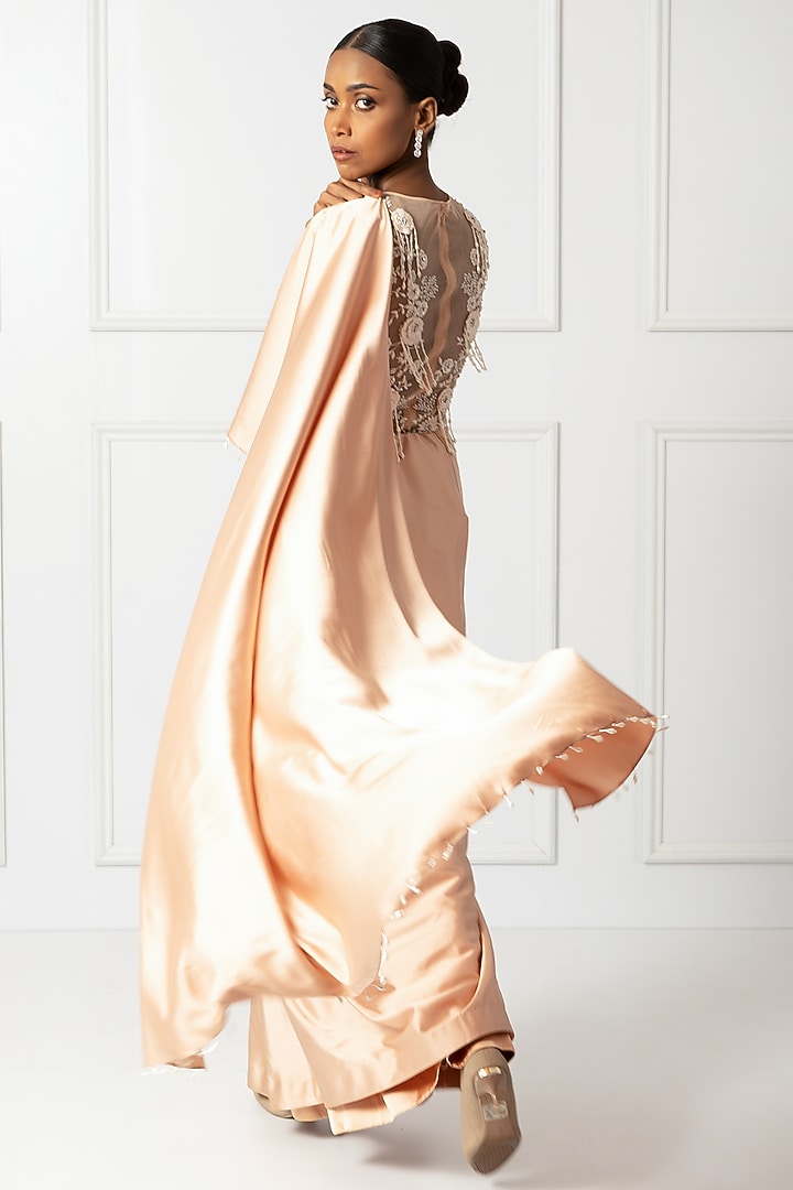 Peach Satin & Net Draped Wedding Saree Set by Isha Regalia at Pernia's Pop Up Shop