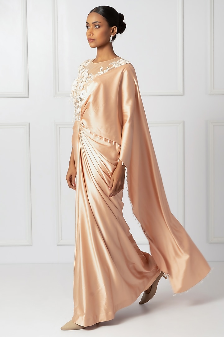 Peach Satin & Net Draped Wedding Saree Set by Isha Regalia at Pernia's Pop Up Shop
