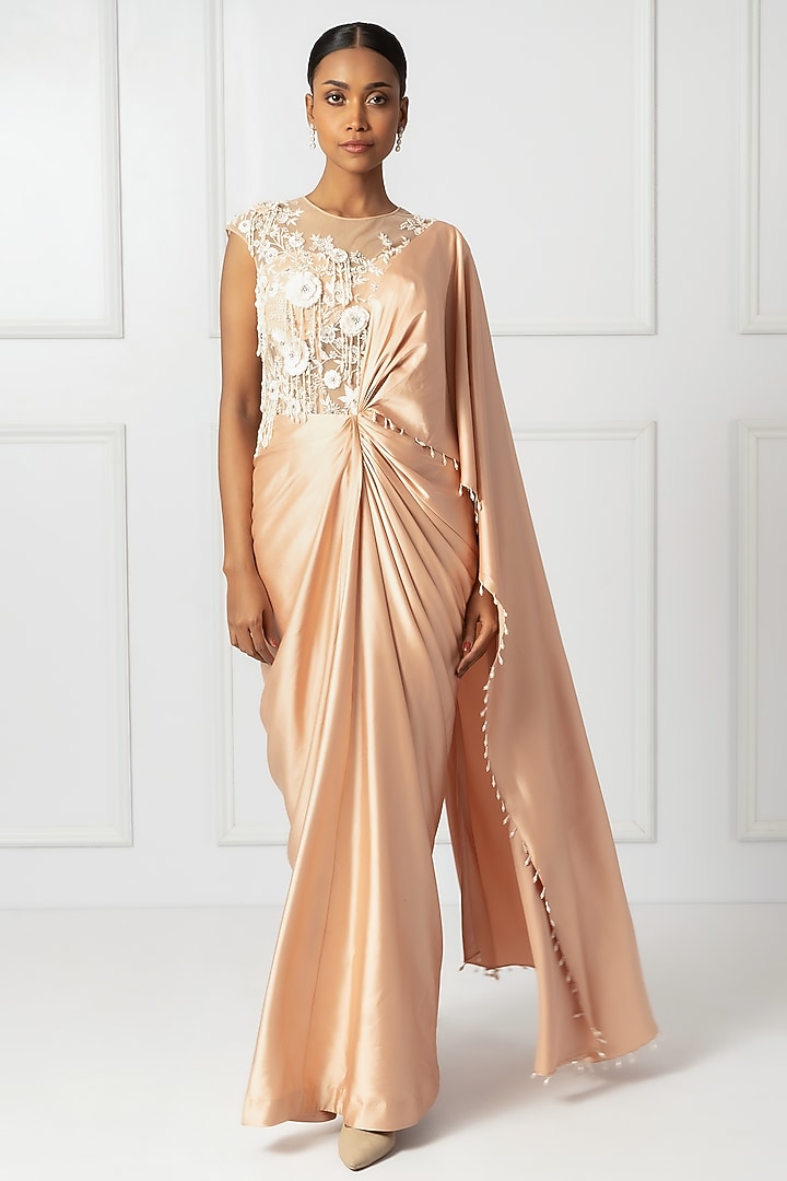 Peach Satin & Net Draped Wedding Saree Set by Isha Regalia at Pernia's Pop Up Shop