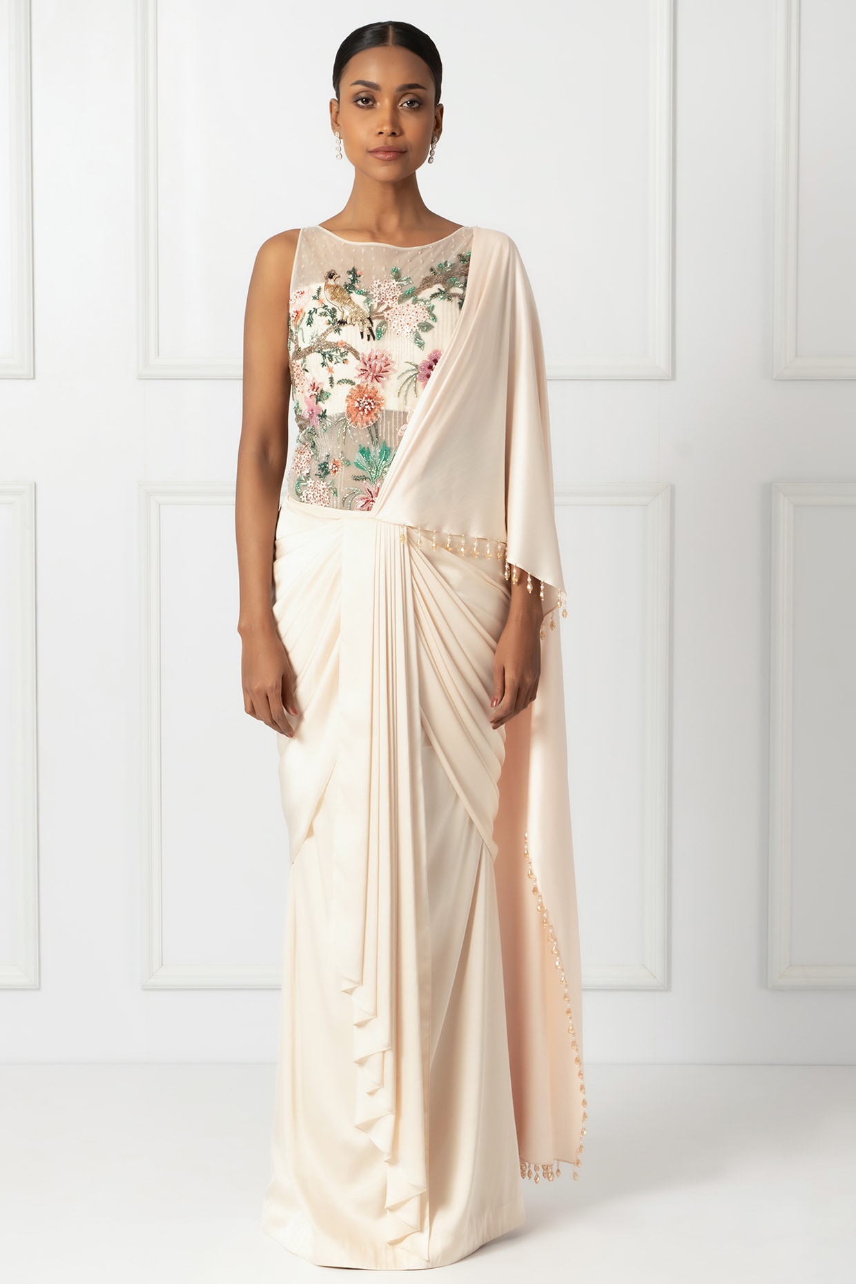 Isha Regalia Cream Satin & Net Draped Saree Set
