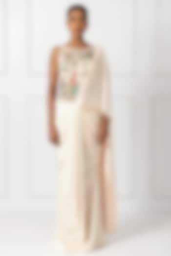 Cream Satin & Net Draped Wedding Saree Set by Isha Regalia at Pernia's Pop Up Shop