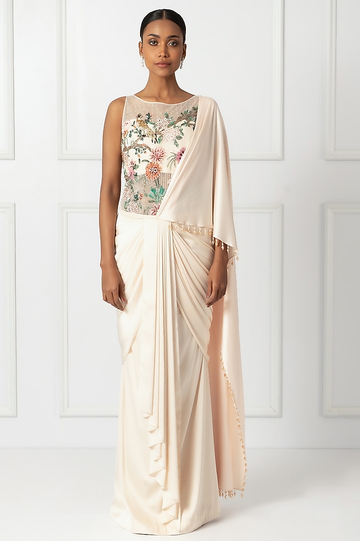 Cream Satin & Net Draped Wedding Saree Set by Isha Regalia at Pernia's Pop Up Shop