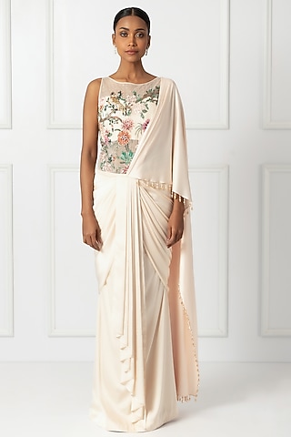 Cream Satin & Net Draped Saree Set by Isha Regalia