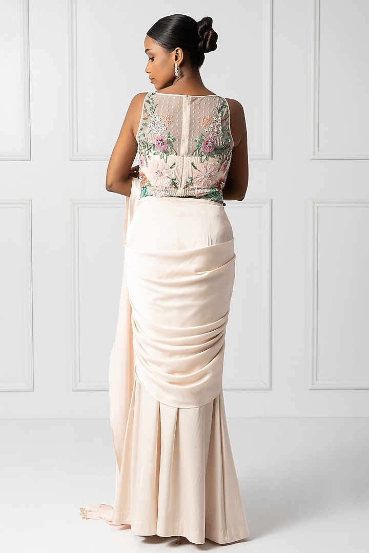 Cream Satin & Net Draped Wedding Saree Set by Isha Regalia at Pernia's Pop Up Shop