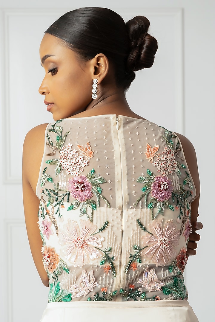 Cream Satin & Net Draped Wedding Saree Set by Isha Regalia at Pernia's Pop Up Shop