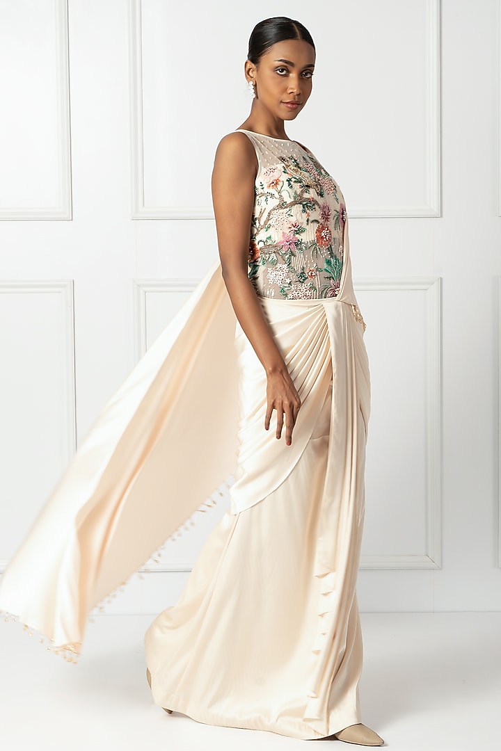 Cream Satin & Net Draped Wedding Saree Set by Isha Regalia at Pernia's Pop Up Shop