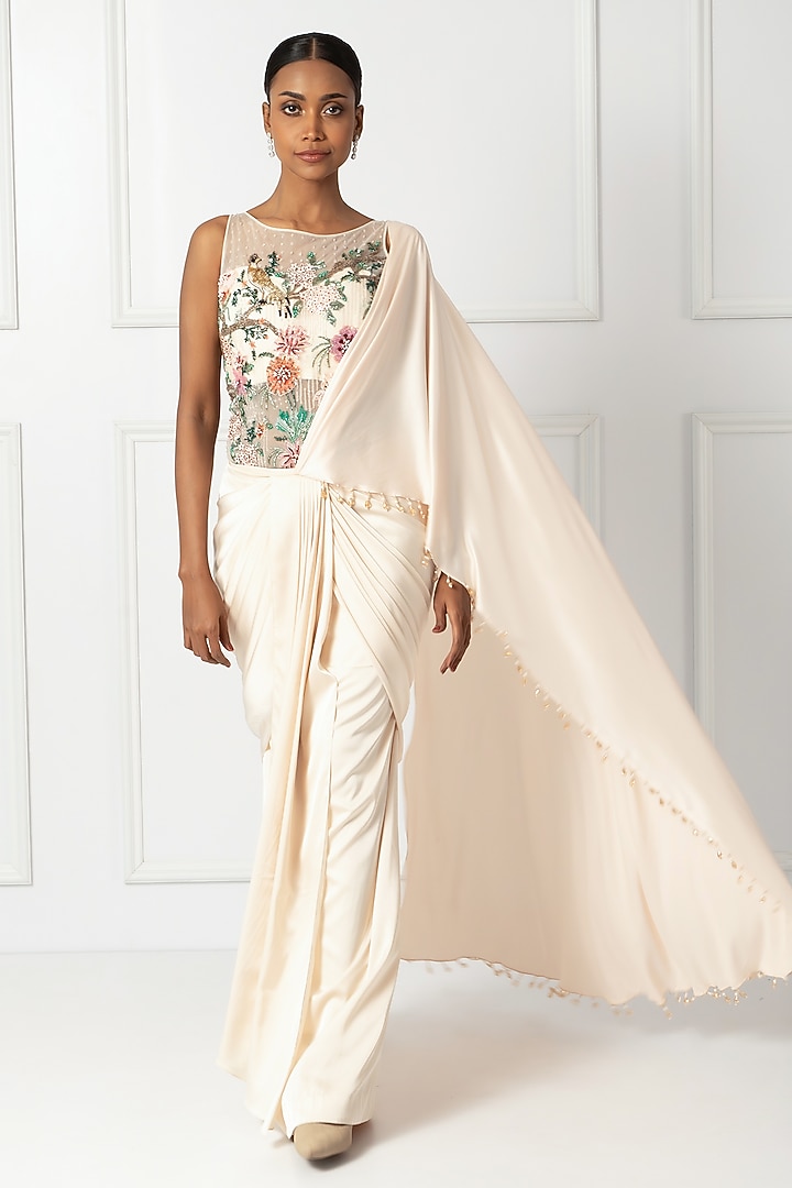 Cream Satin & Net Draped Wedding Saree Set by Isha Regalia at Pernia's Pop Up Shop