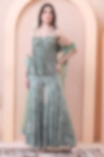 Sage Green Georgette Printed Wedding Sharara Set by Isha Regalia at Pernia's Pop Up Shop