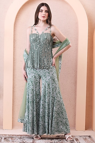 Sage Green Georgette Printed Sharara Set by Isha Regalia