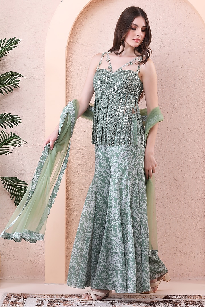 Sage Green Georgette Printed Wedding Sharara Set by Isha Regalia at Pernia's Pop Up Shop