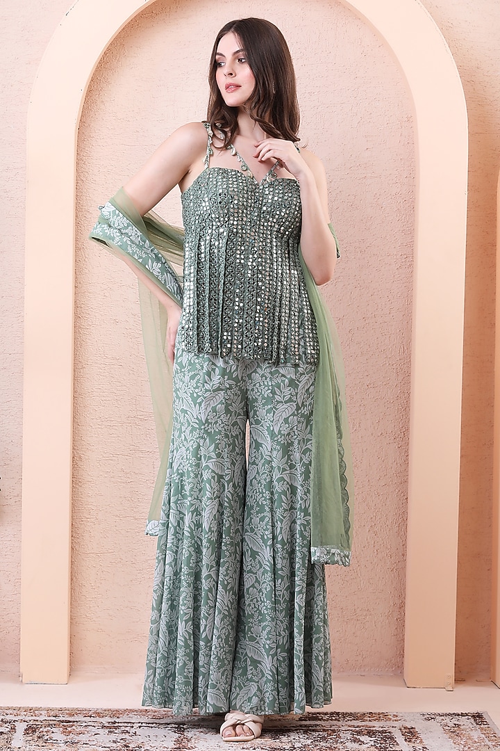 Sage Green Georgette Printed Wedding Sharara Set by Isha Regalia at Pernia's Pop Up Shop