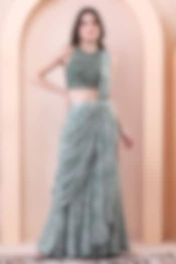 Sage Green Georgette & Net Draped Wedding Saree Set by Isha Regalia at Pernia's Pop Up Shop