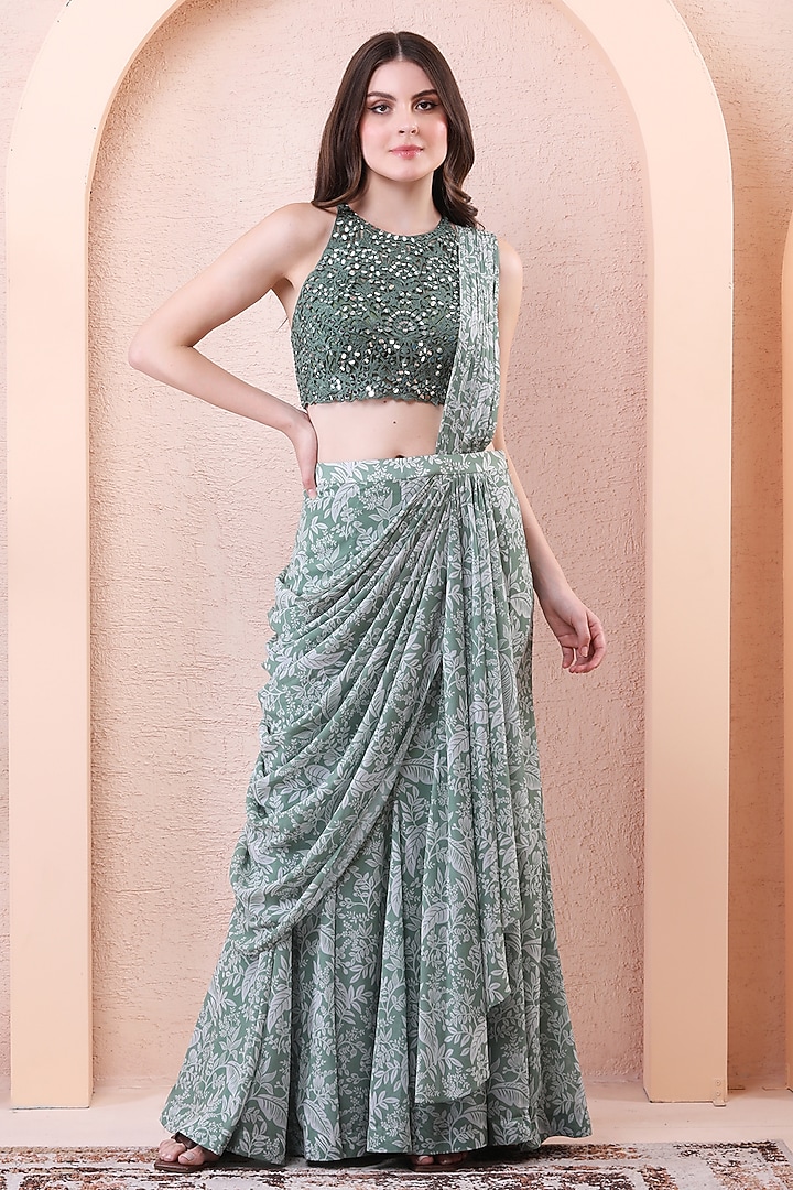 Sage Green Georgette & Net Draped Wedding Saree Set by Isha Regalia at Pernia's Pop Up Shop