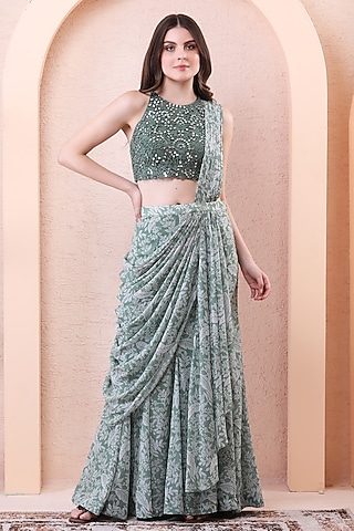 Sage Green Georgette & Net Draped Saree Set by Isha Regalia