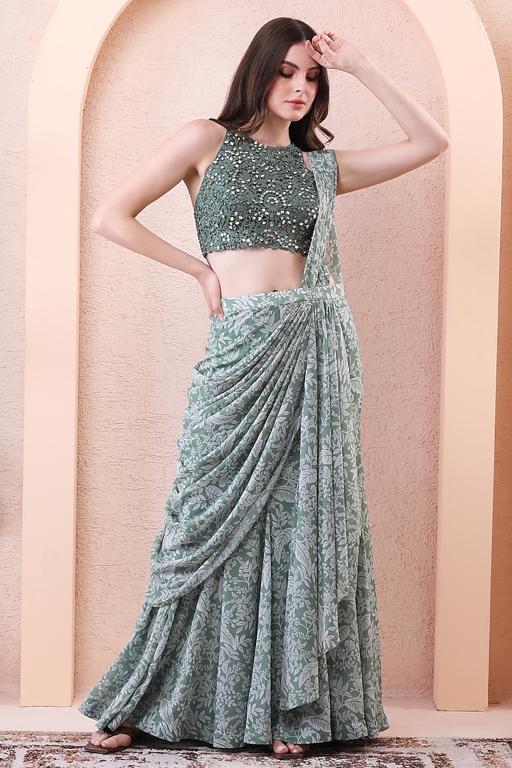 Sage Green Georgette & Net Draped Wedding Saree Set by Isha Regalia at Pernia's Pop Up Shop