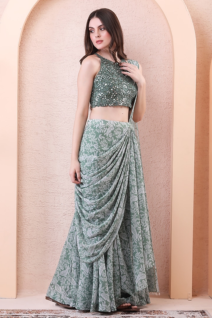 Sage Green Georgette & Net Draped Wedding Saree Set by Isha Regalia at Pernia's Pop Up Shop