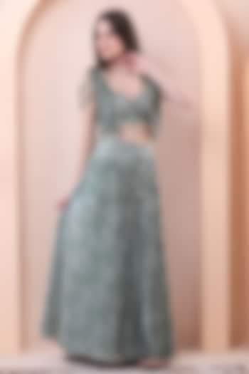 Sage Green Georgette Printed Pleated Skirt Set by Isha Regalia at Pernia's Pop Up Shop
