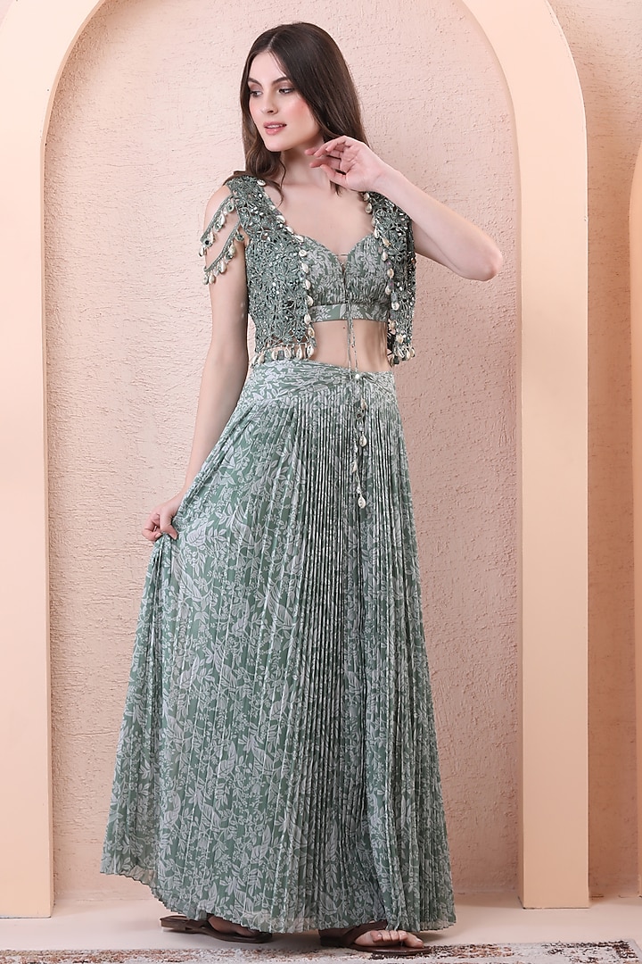 Sage Green Georgette Printed Pleated Skirt Set by Isha Regalia at Pernia's Pop Up Shop