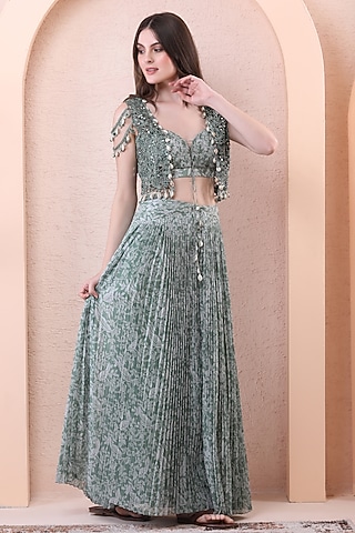 Sage Green Georgette Printed Pleated Skirt Set by Isha Regalia