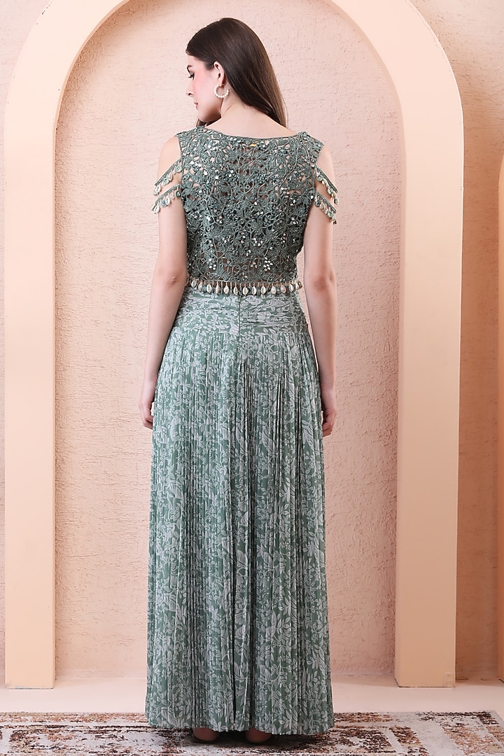 Sage Green Georgette Printed Pleated Skirt Set by Isha Regalia at Pernia's Pop Up Shop