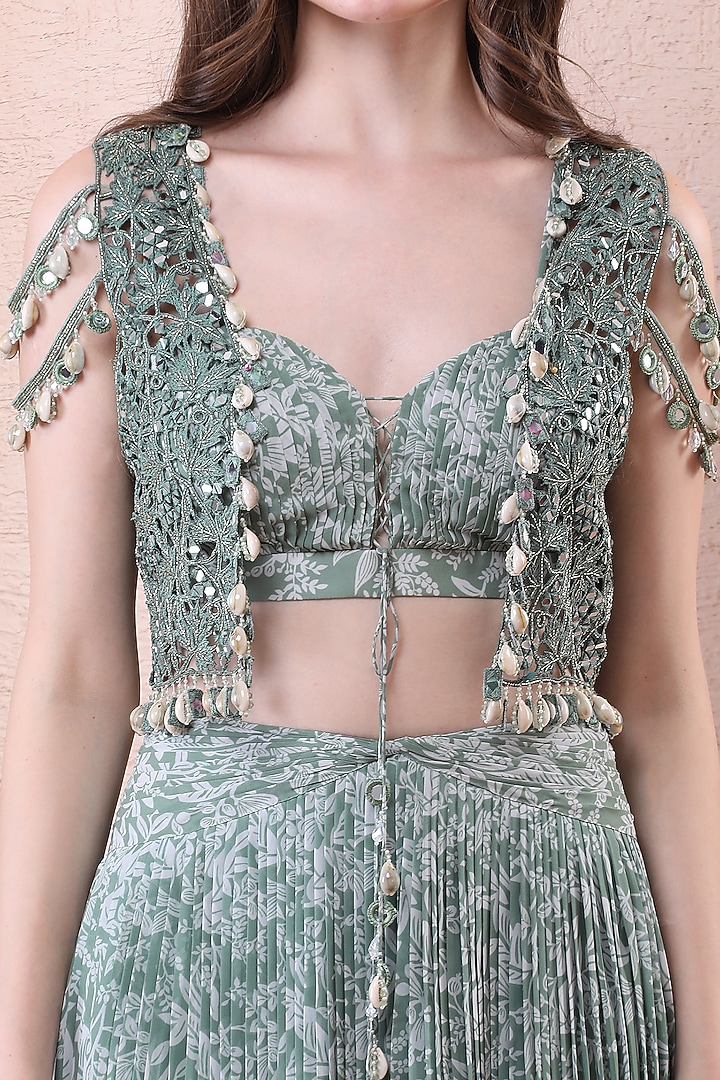 Sage Green Georgette Printed Pleated Skirt Set by Isha Regalia at Pernia's Pop Up Shop
