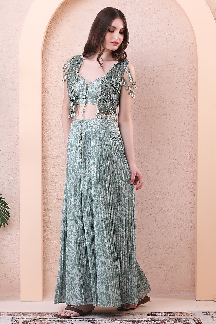 Sage Green Georgette Printed Pleated Skirt Set by Isha Regalia at Pernia's Pop Up Shop