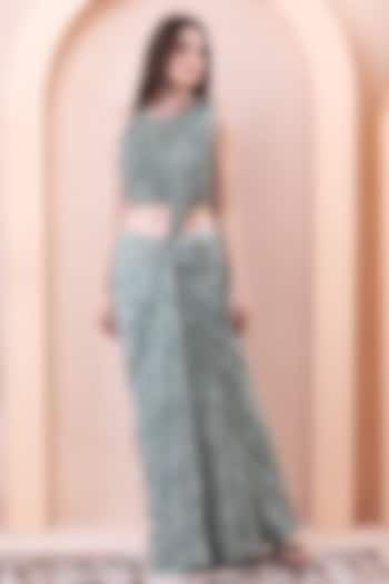 Sage Green Georgette & Net Draped Wedding Saree Set by Isha Regalia at Pernia's Pop Up Shop