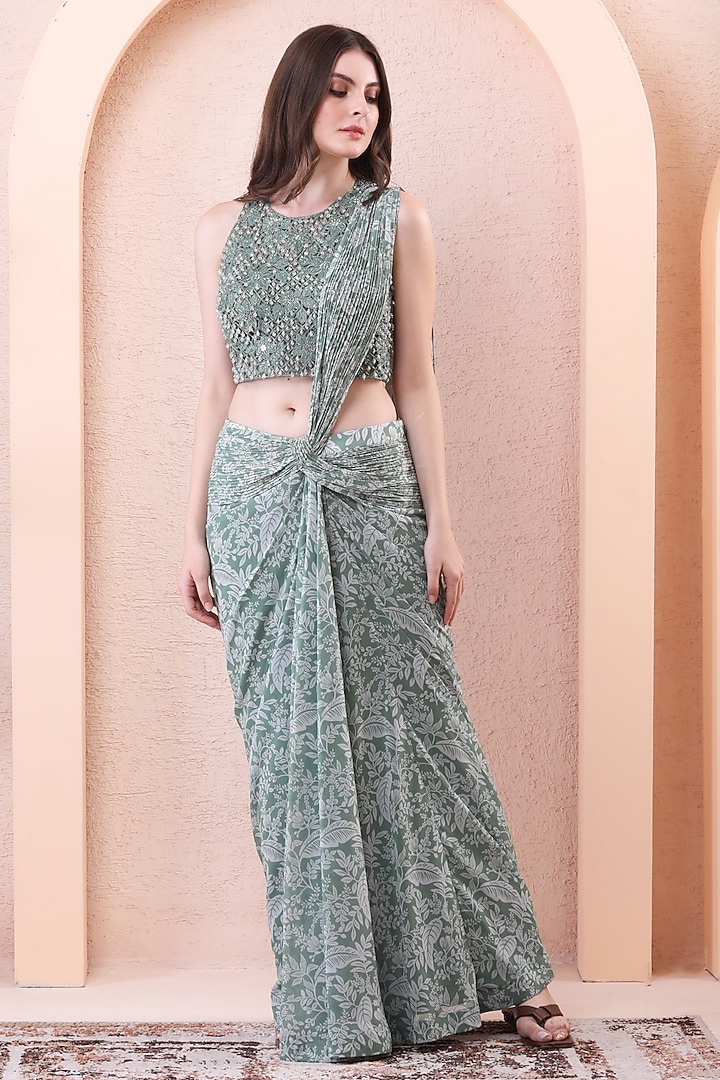 Sage Green Georgette & Net Draped Wedding Saree Set by Isha Regalia at Pernia's Pop Up Shop