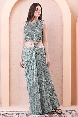 Sage Green Georgette & Net Draped Saree Set by Isha Regalia