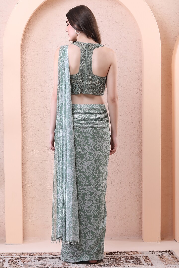 Sage Green Georgette & Net Draped Wedding Saree Set by Isha Regalia at Pernia's Pop Up Shop