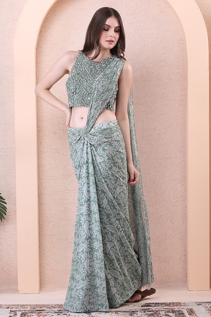 Sage Green Georgette & Net Draped Wedding Saree Set by Isha Regalia at Pernia's Pop Up Shop